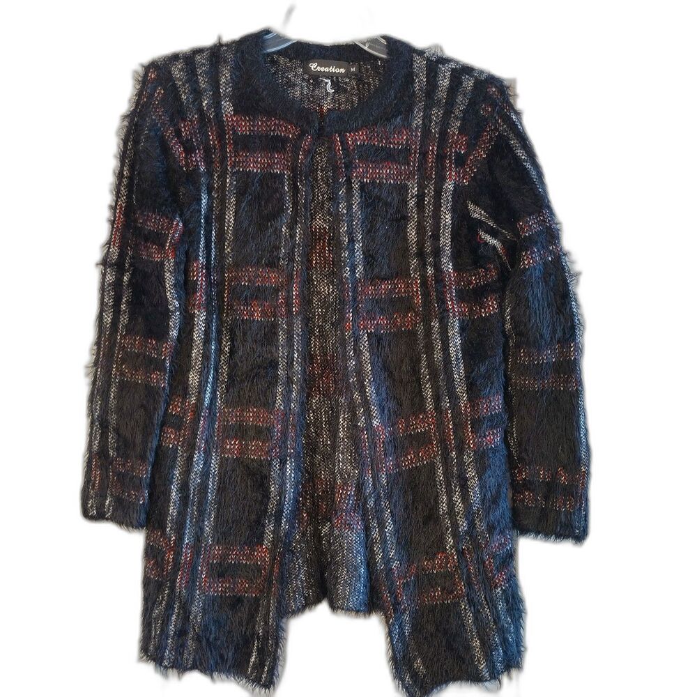 Creation Shaggy Oversized Cardigan Black Red Wool Blend Retro 80s Open Front M